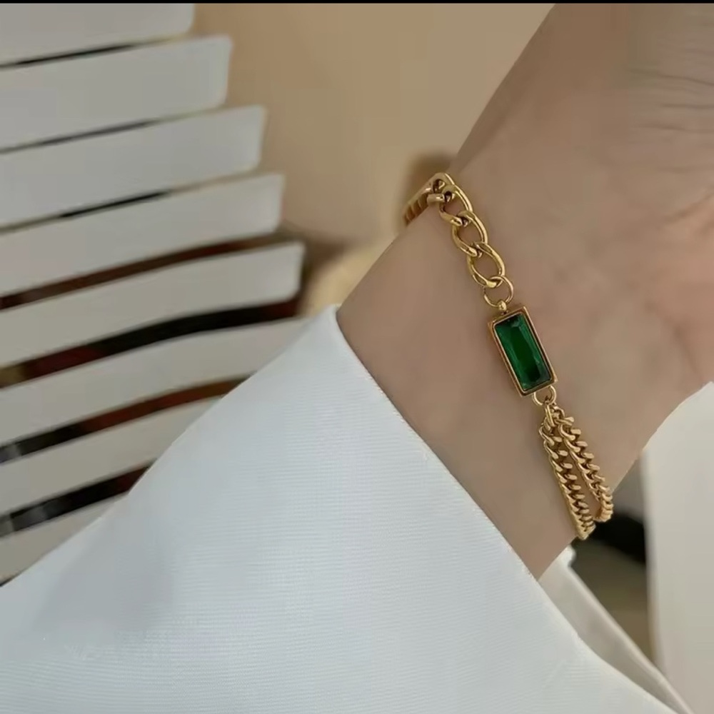 Gold-Tone Bracelet with Emerald Rectangular Stone